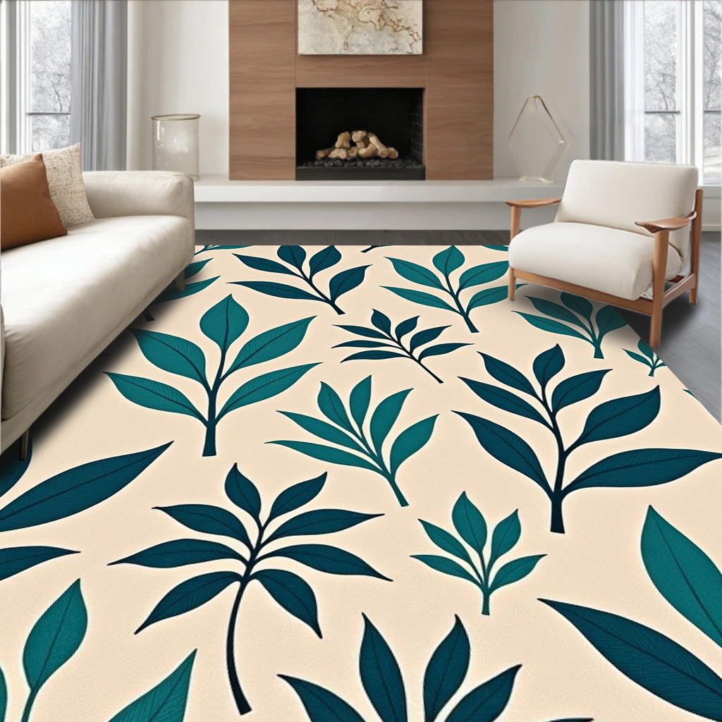 Teal Leaf Pattern On Cream Background Rug