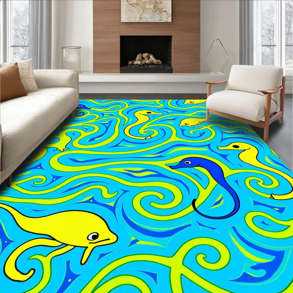 Whimsical Yellow Blue Seahorse Swirl Rug