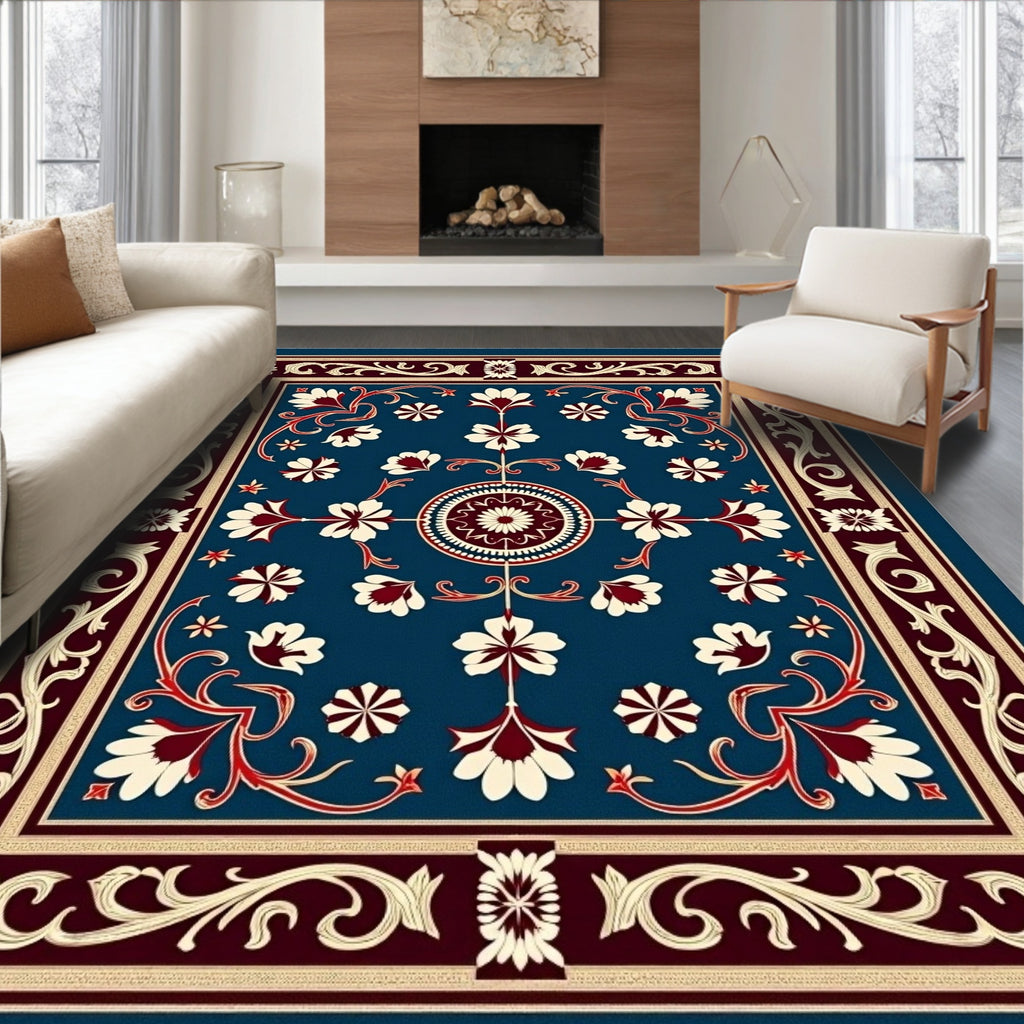 Antique Blue Cream Red Floral Medallion Rug