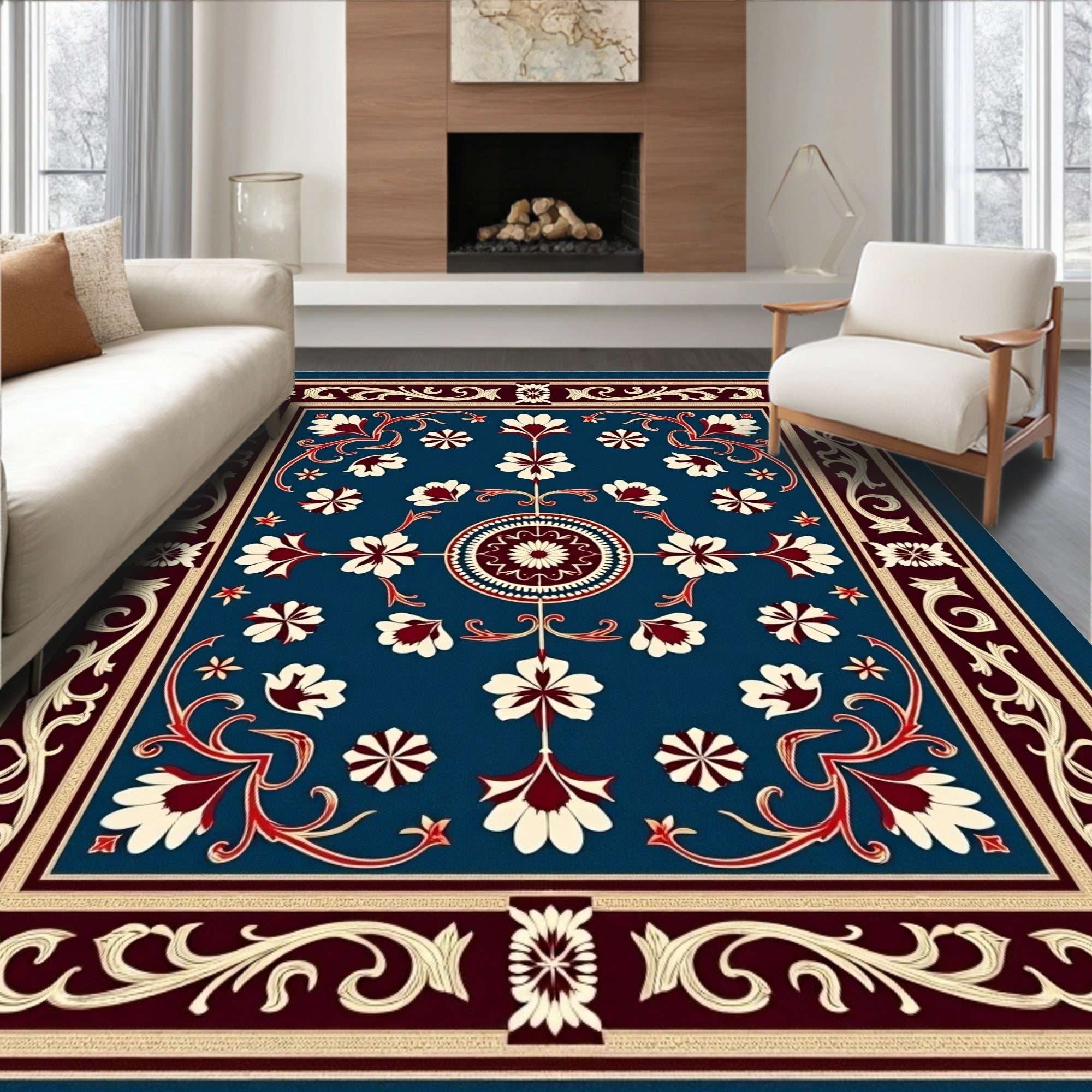 Antique Blue Cream Red Floral Medallion Rug