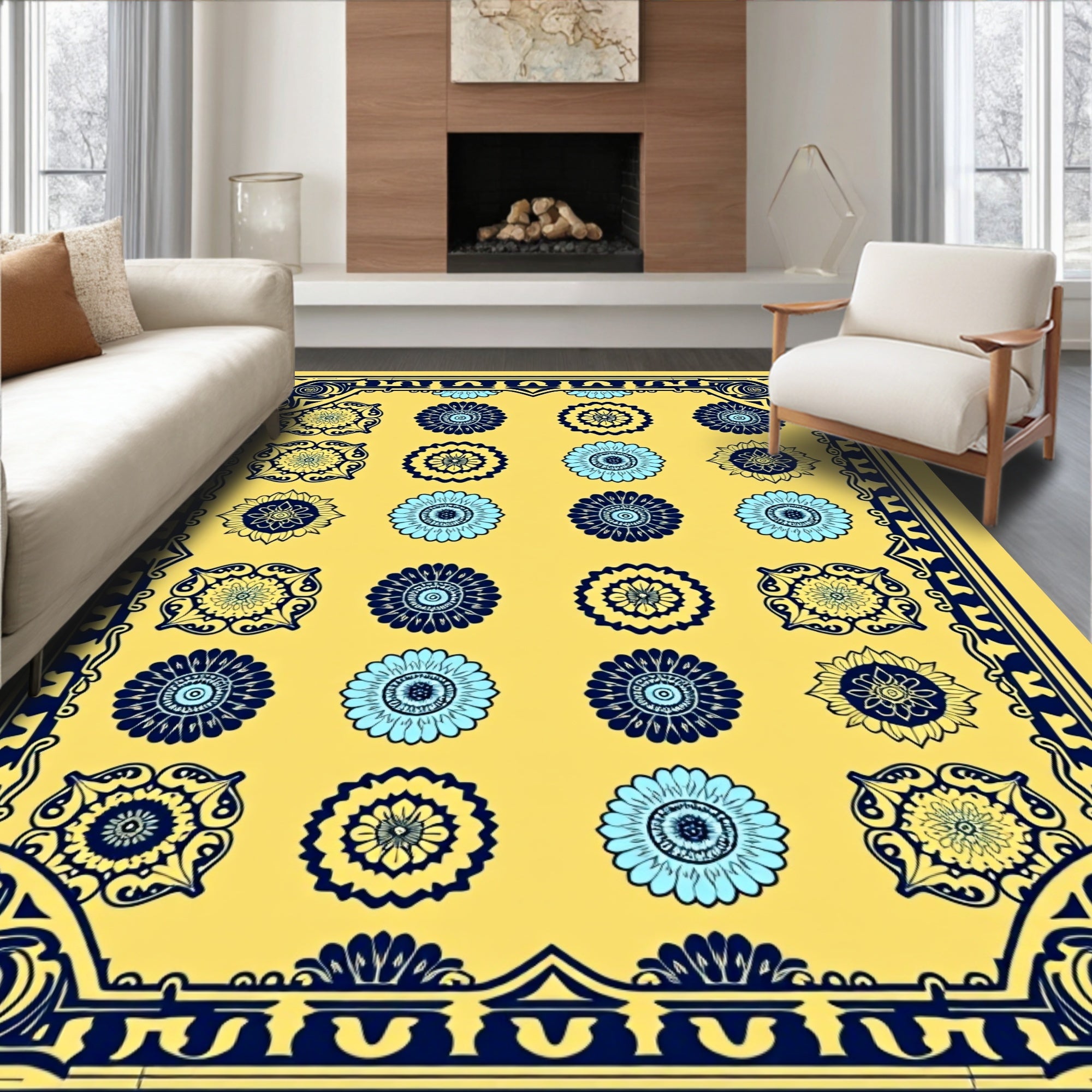 Golden Yellow Floral Medallion Rug