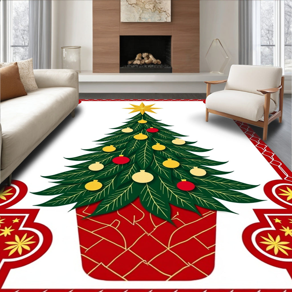 Festive Red and Gold Christmas Tree Rug
