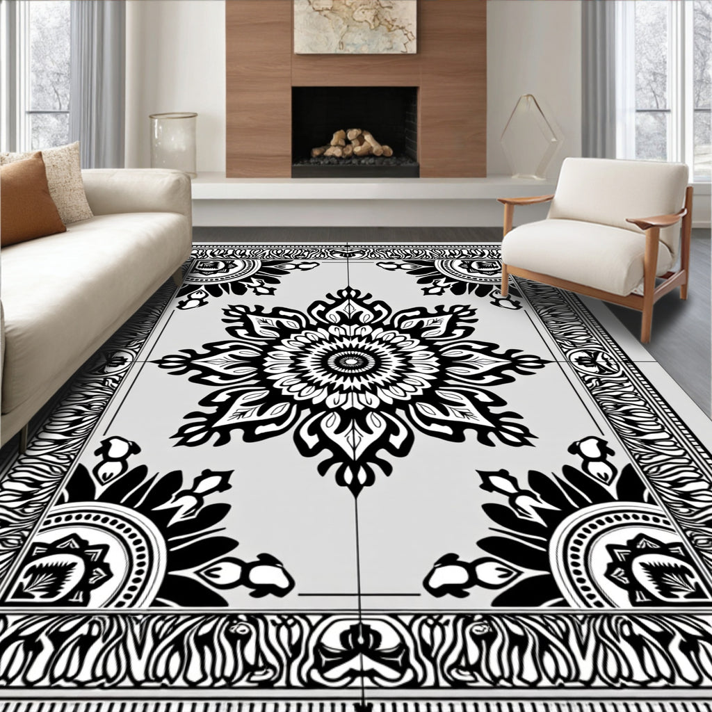 Black White Floral Mandala Border Rug