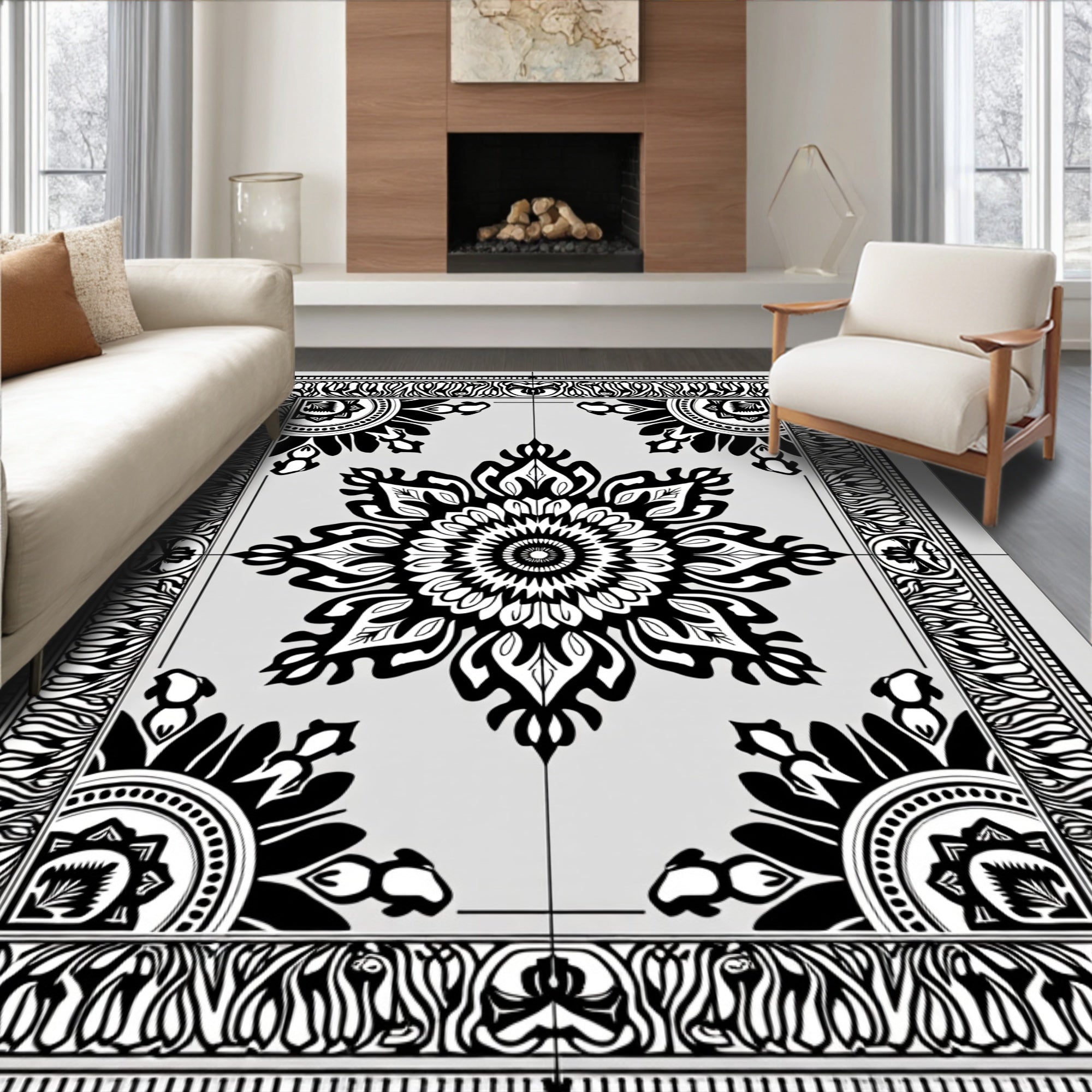 Black White Floral Mandala Border Rug