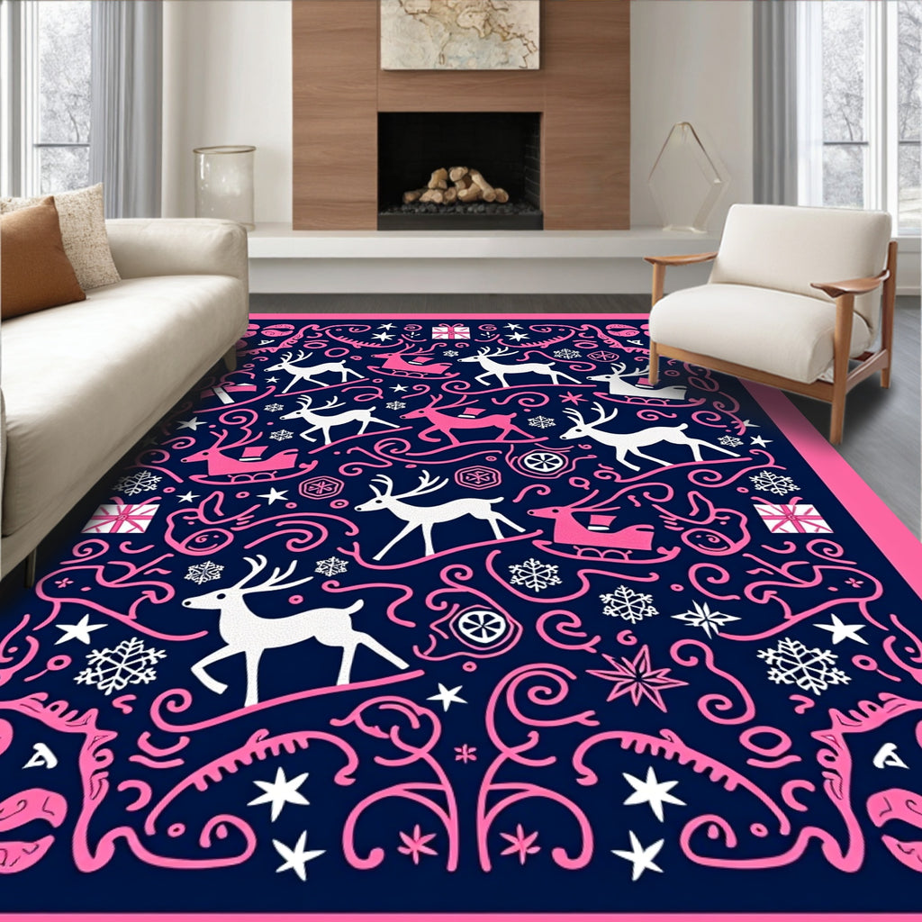 Pink White Deer Sleigh Gift SnowflakesRug Rug