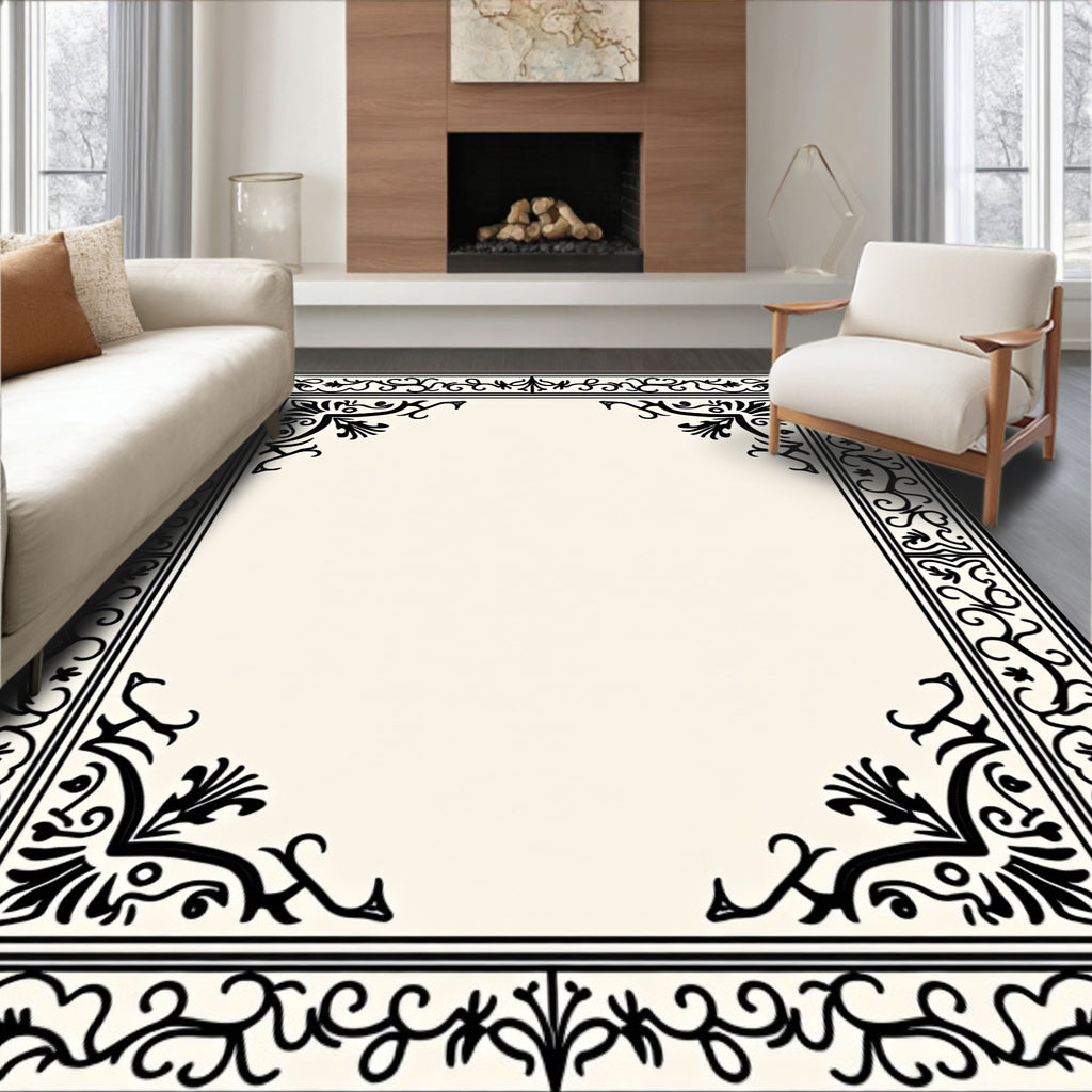 Classic Black Cream Floral Border Rug