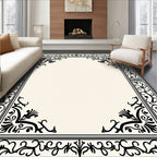 Classic Black Cream Floral Border Rug