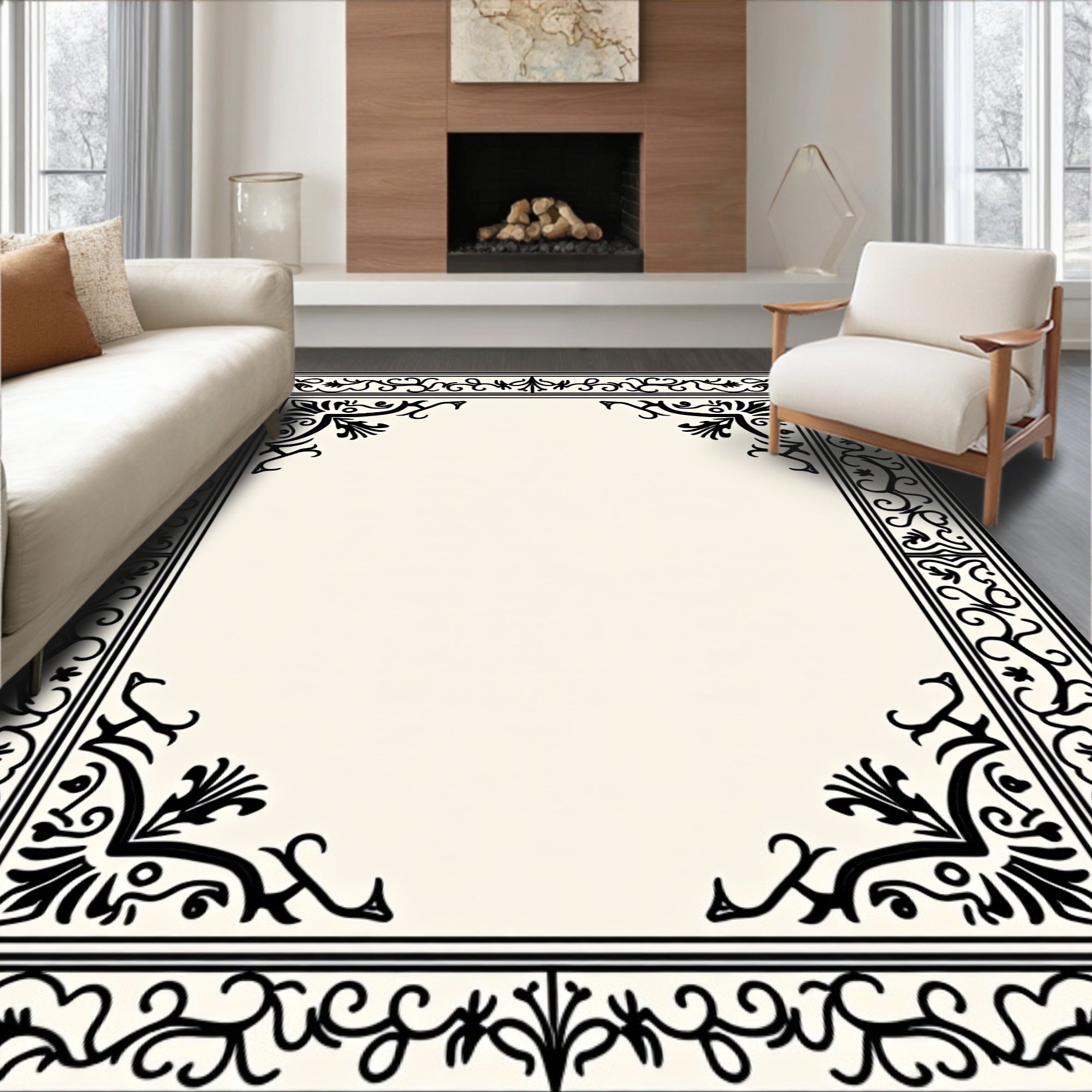 Classic Black Cream Floral Border Rug