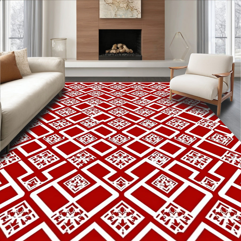 Red White Geometric Diamond Medallion Rug