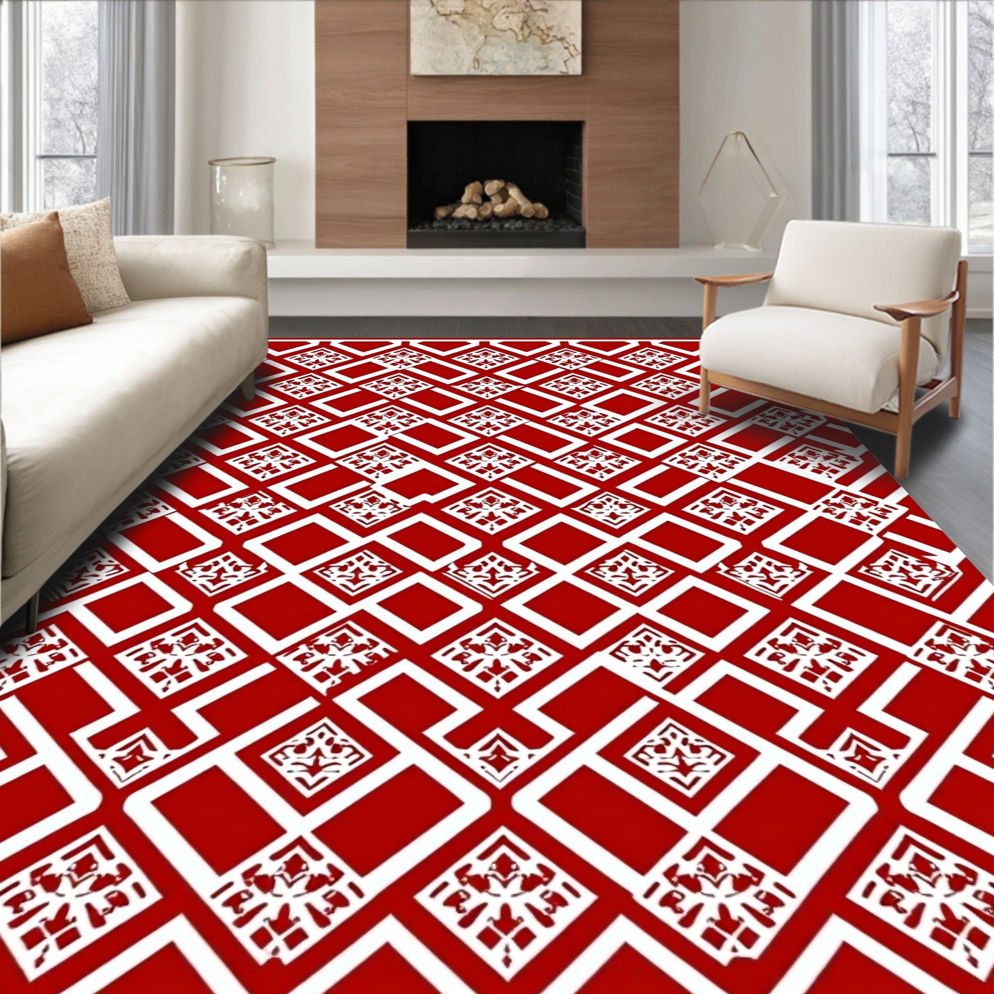 Red White Geometric Diamond Medallion Rug