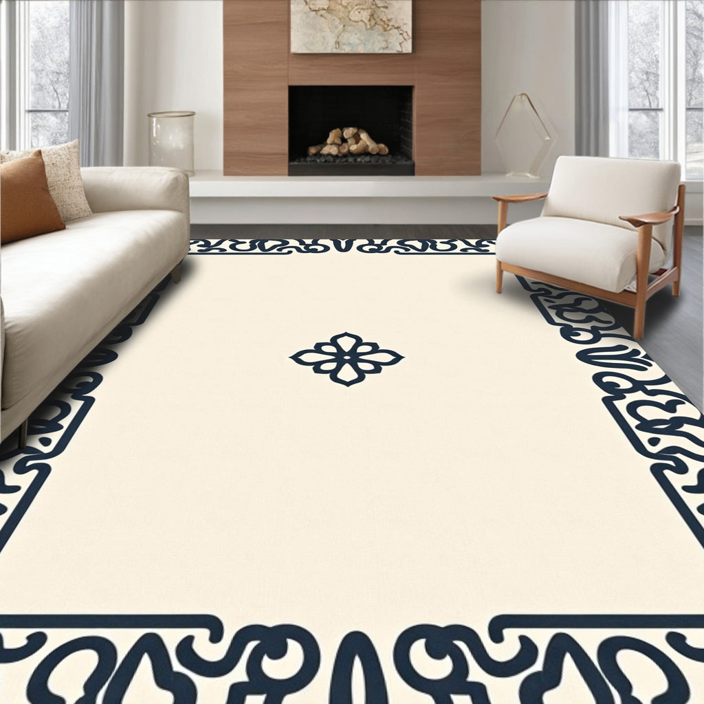 Cream Navy Floral Border Rug