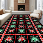 Red Green Snowflake Bordered Grid Rug