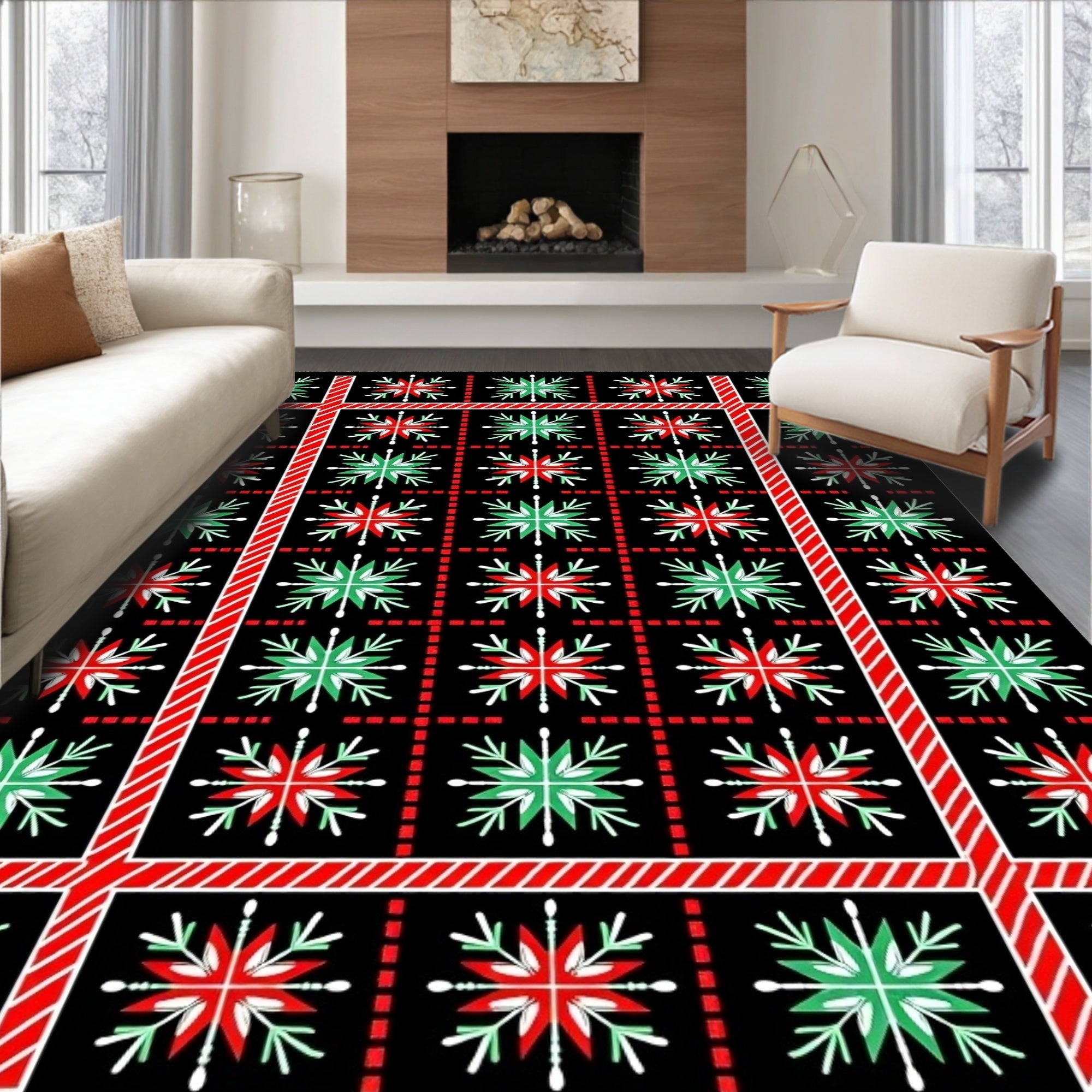 Red Green Snowflake Bordered Grid Rug