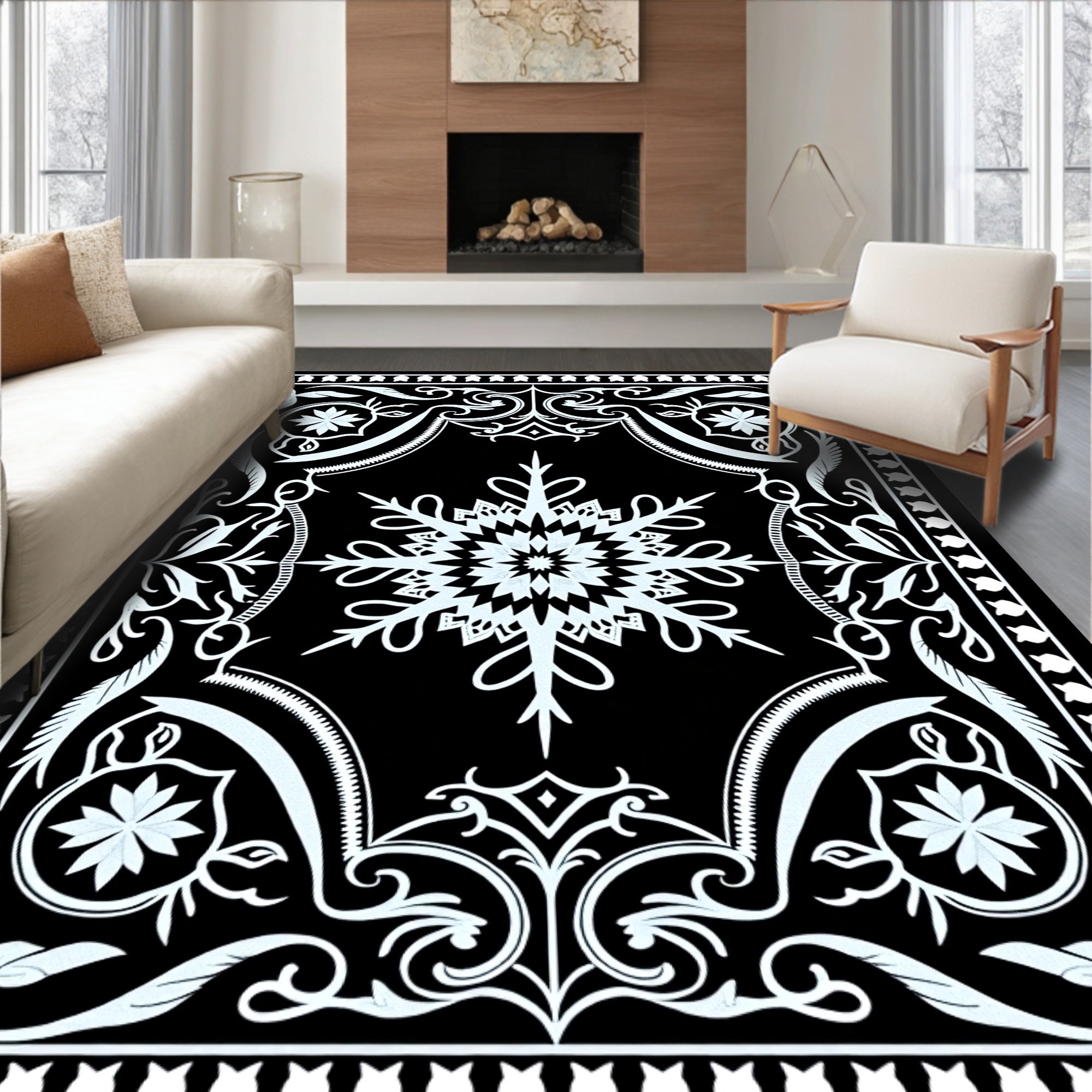 Black White Snowflake Floral Medallion Rug