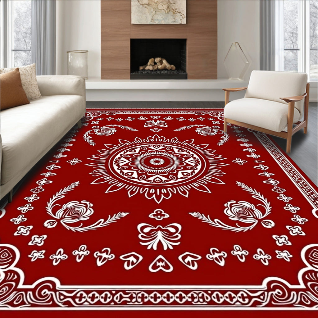 Red White Floral Mandala Border Rug