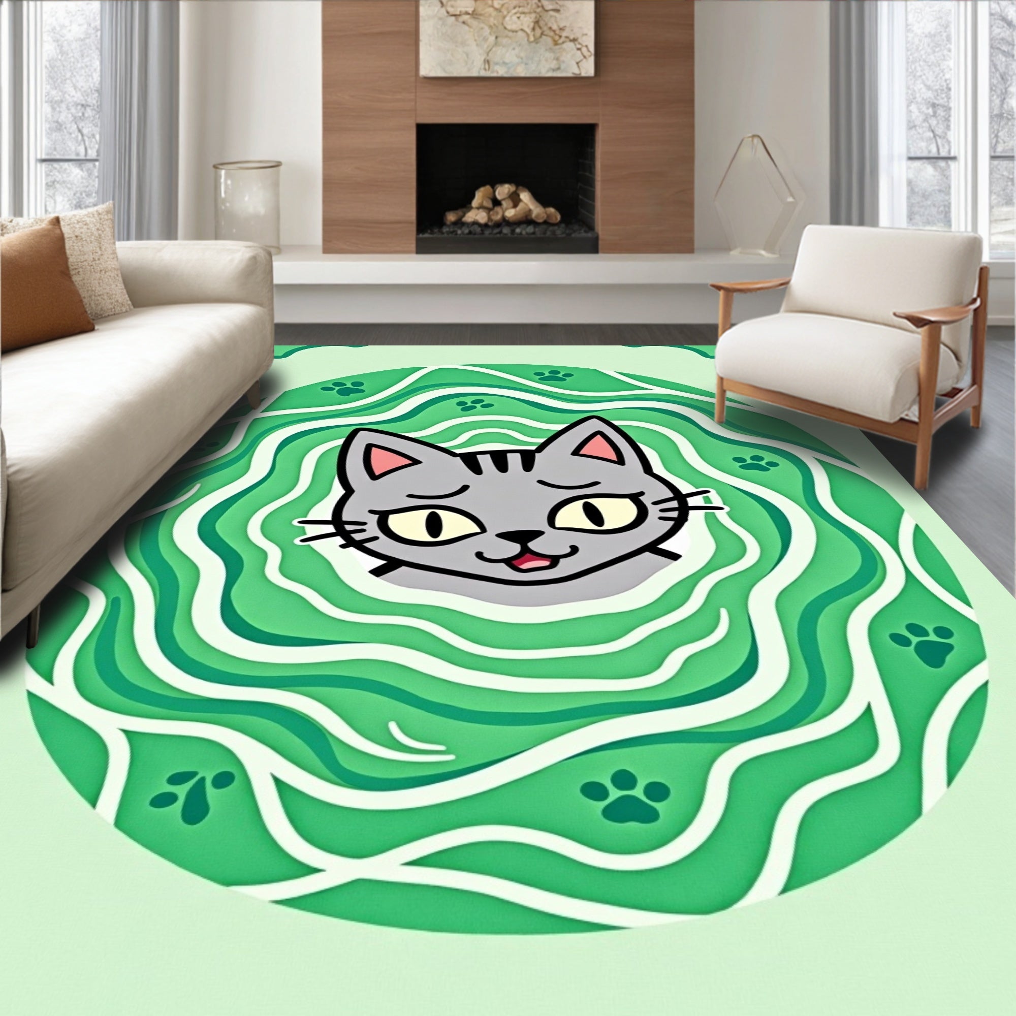 Cute Gray Cat Green Swirl Paw Prints Rug