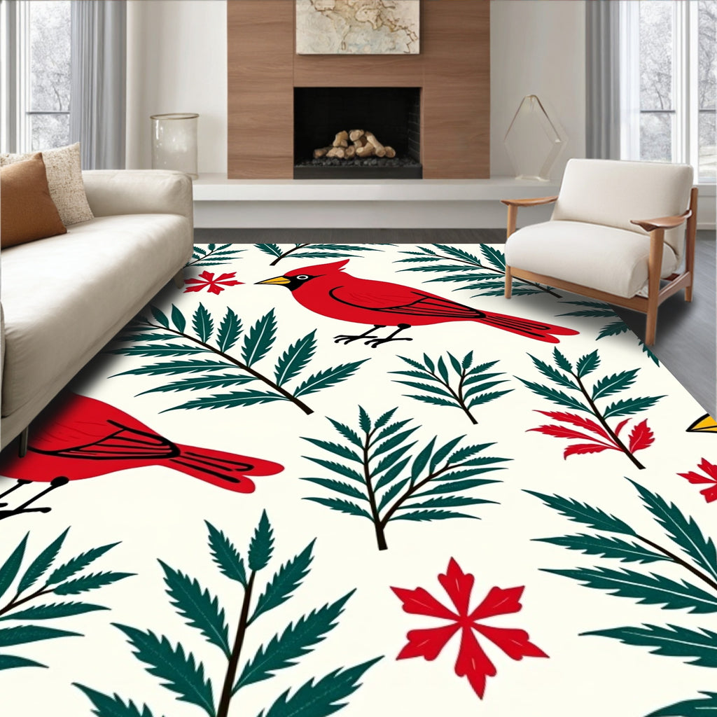 Red Cardinal Green Fern Christmas Bloom Rug