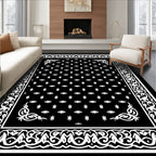 Black White Floral Classic Border Rug