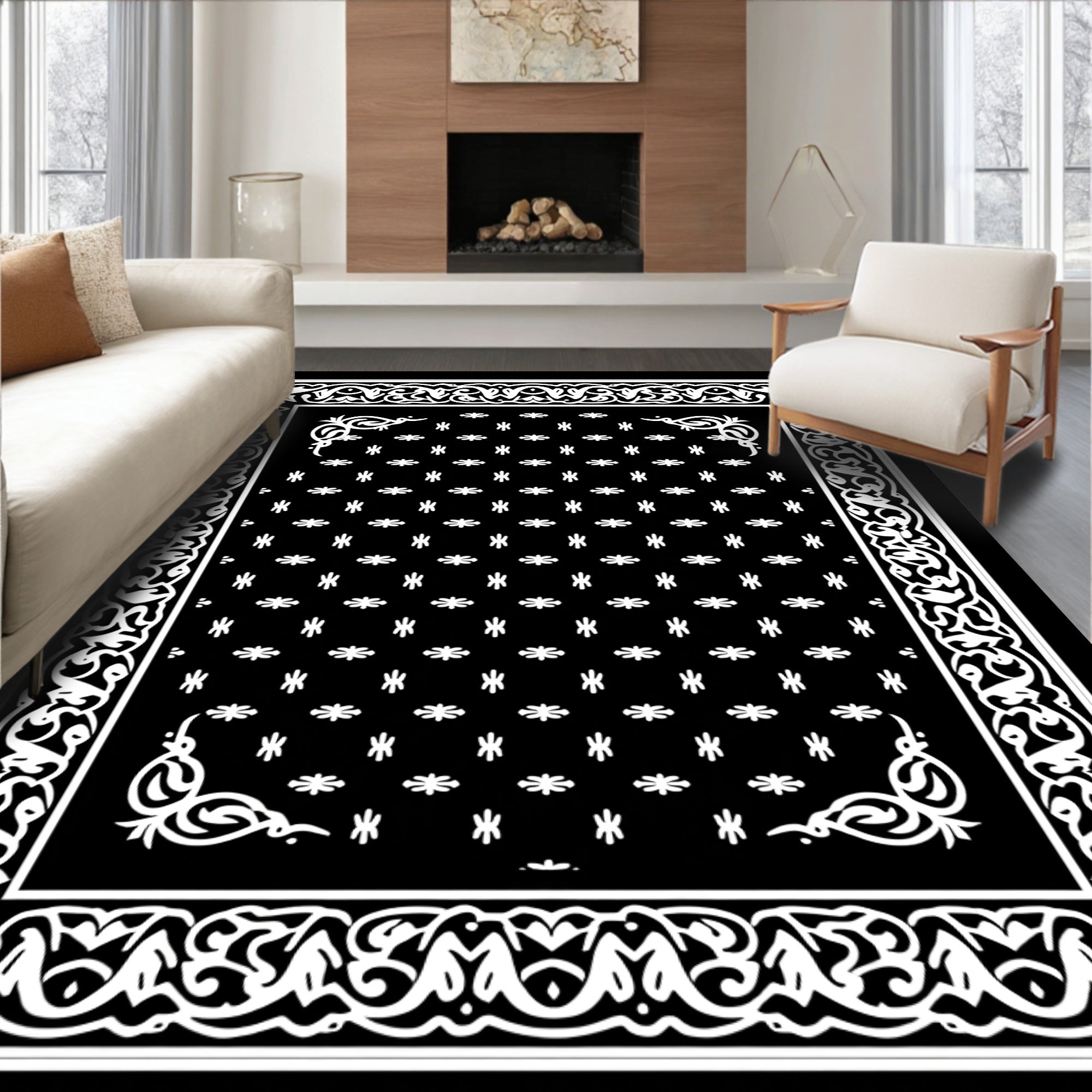 Black White Floral Classic Border Rug
