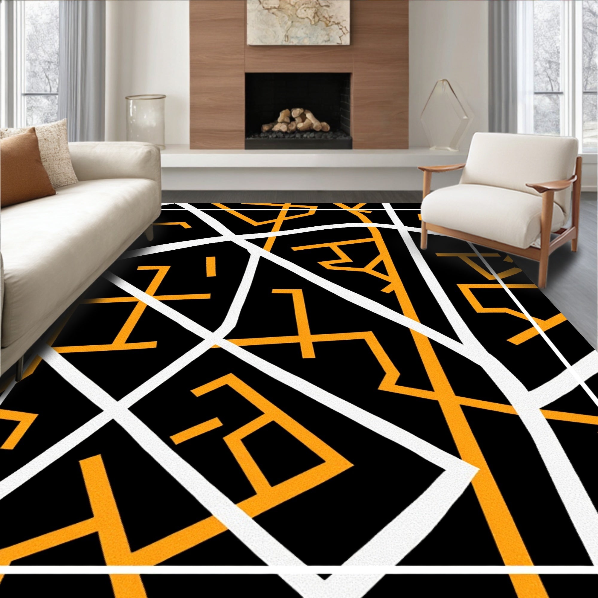 Modern Orange and White Geometric Lines Rug