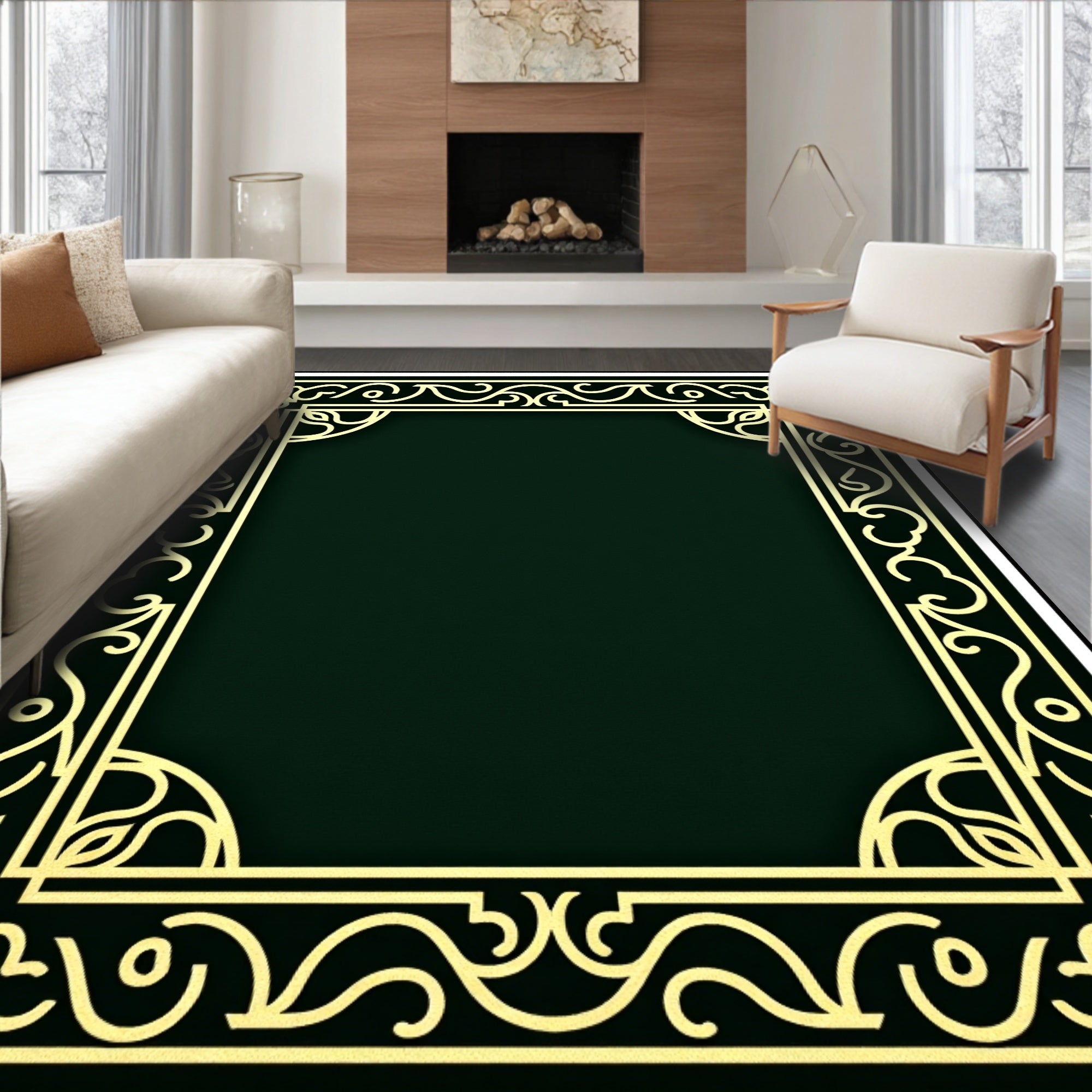 Elegant Gold Vine Scroll Border Rug