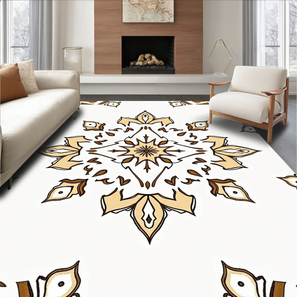 Cream Brown Floral Starburst Mandala Rug