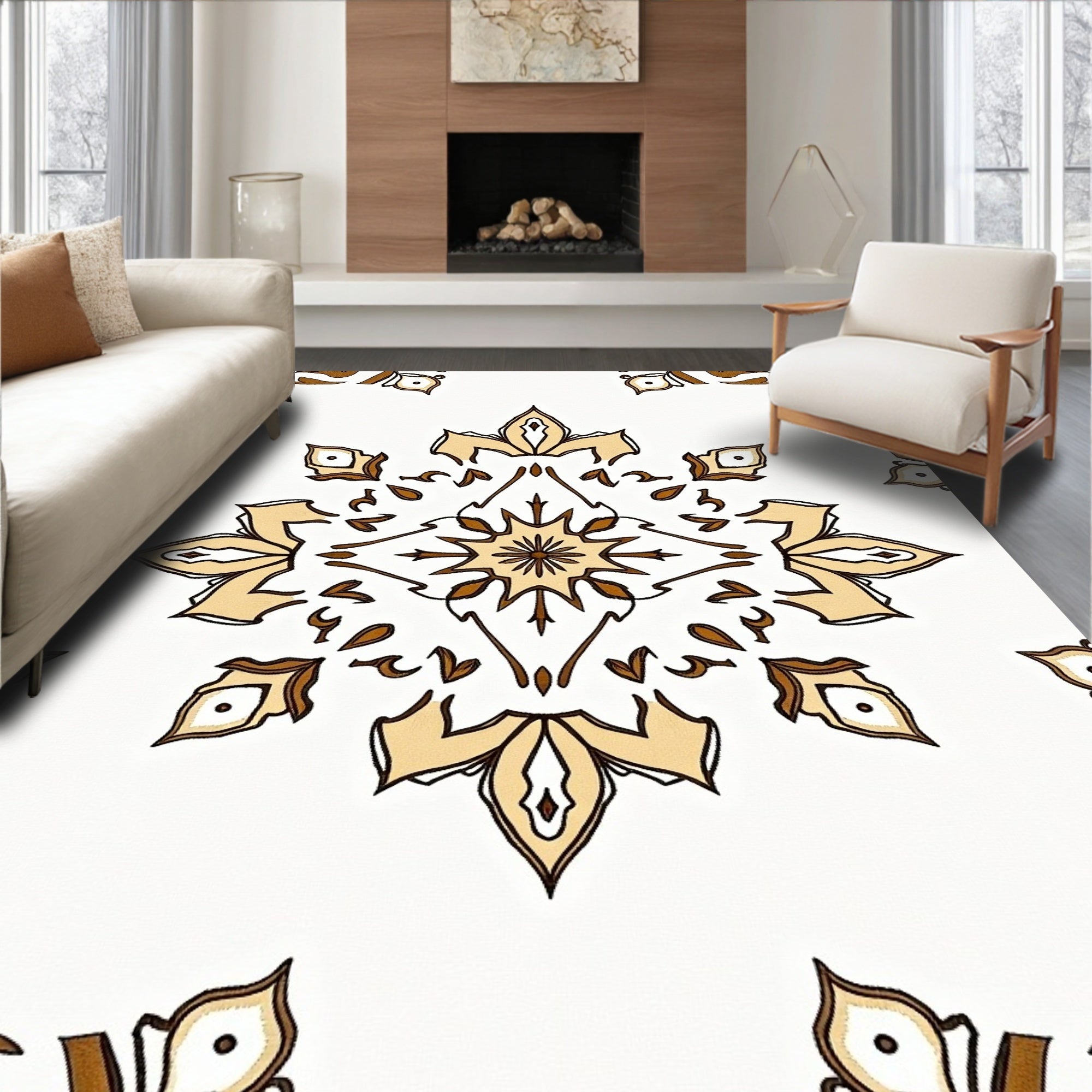 Cream Brown Floral Starburst Mandala Rug