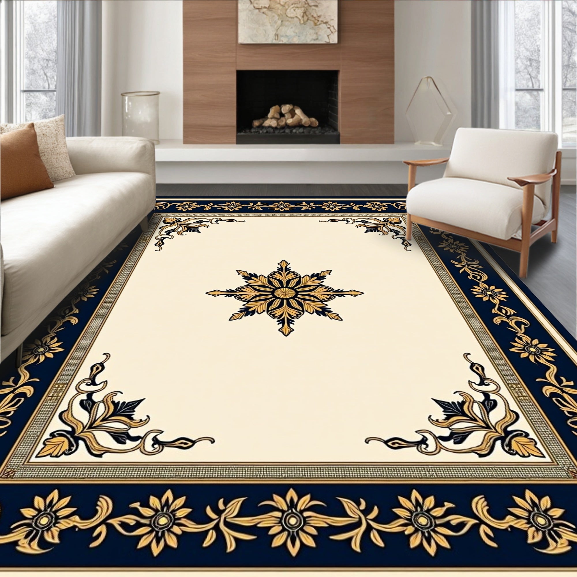 Elegant Ivory Black Golden Floral Medallion Rug
