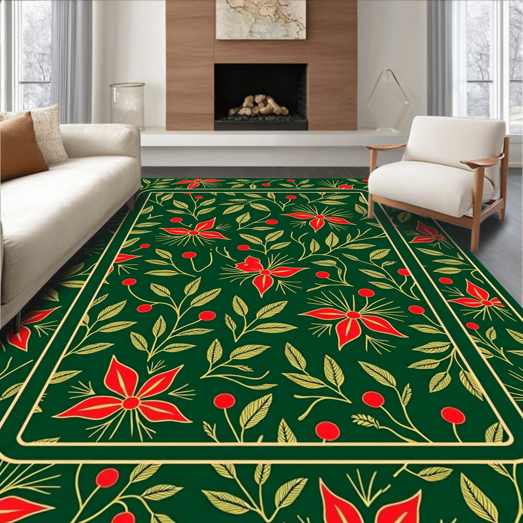 Emerald Red Floral Botanical Border Rug