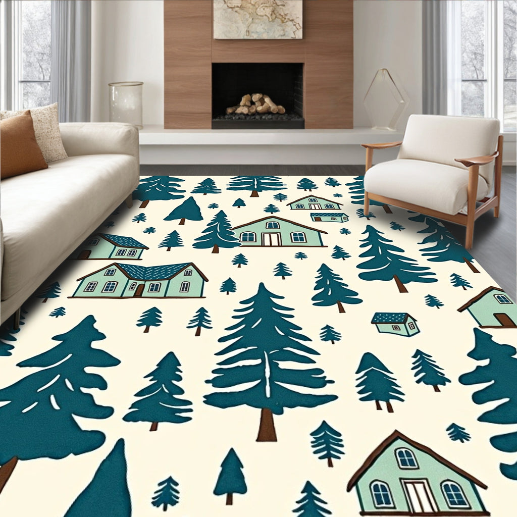 Teal Forest Village Scene Rug