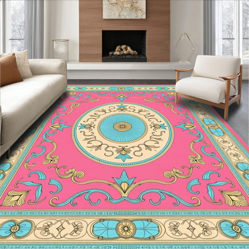 Baroque Pink Floral Scroll Medallion Rug