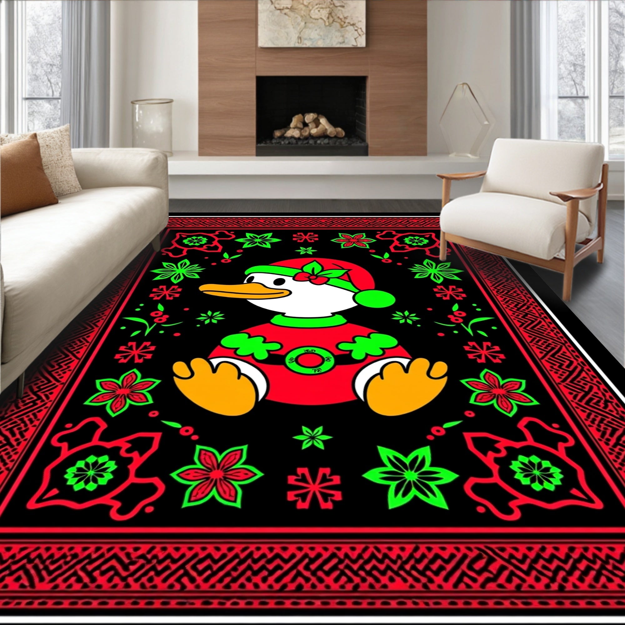 Festive Red Green Duck Christmas Rug