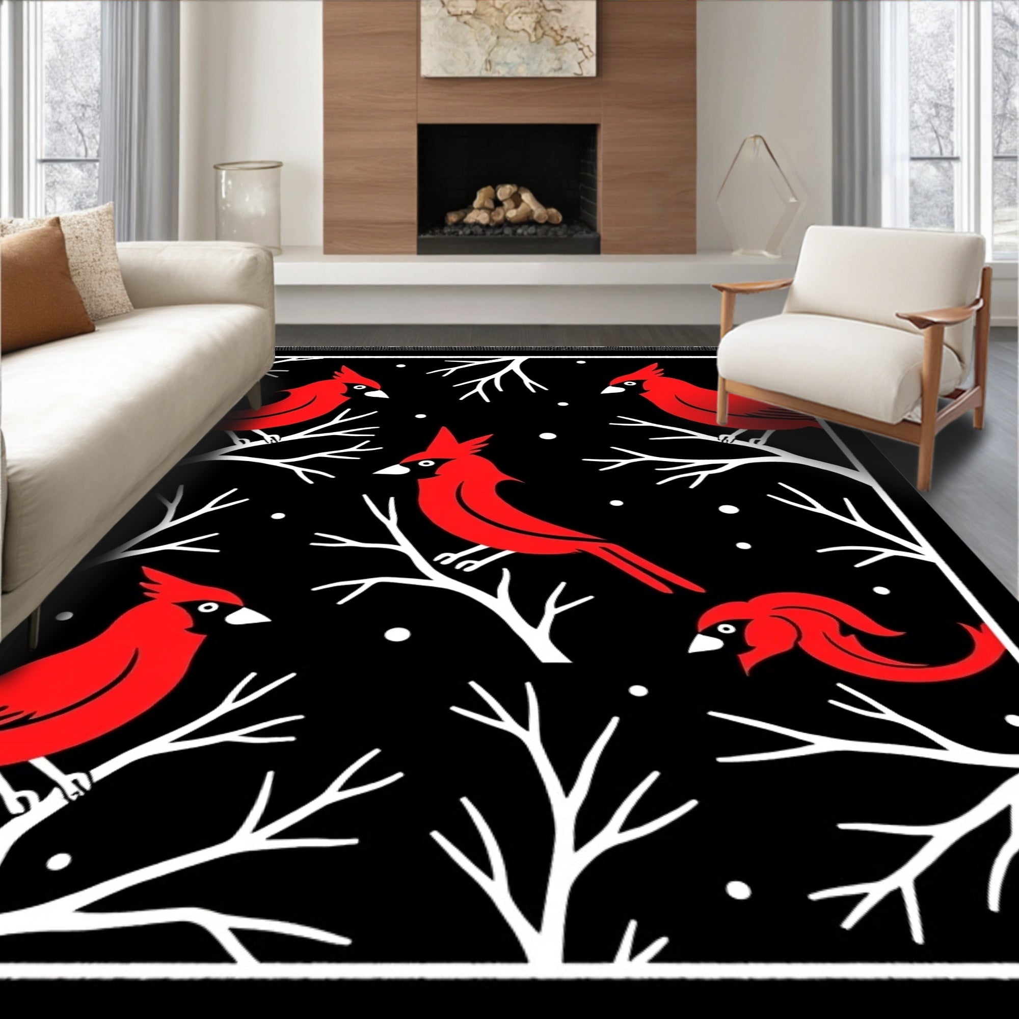 Bold Red Cardinals on Snowy Branches Rug