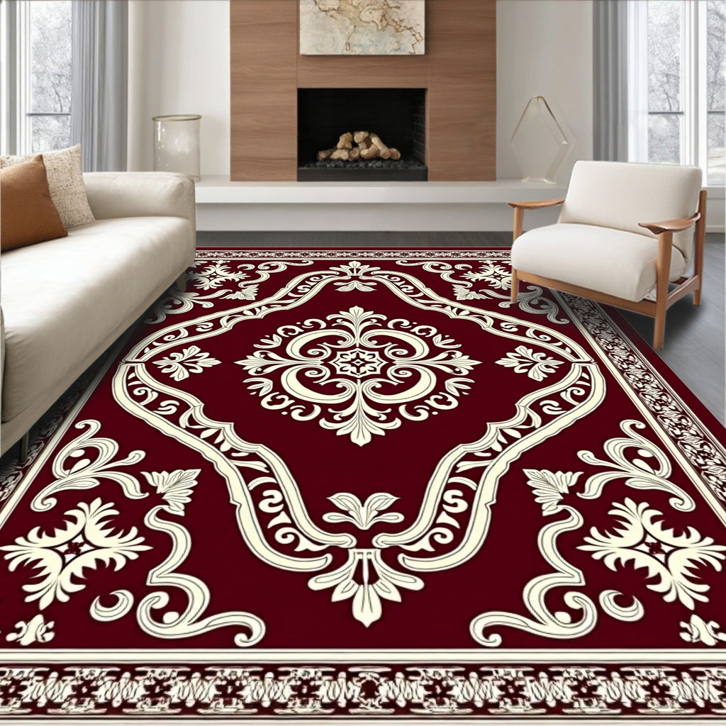 Deep Red Ivory Medallion Scrollwork Rug