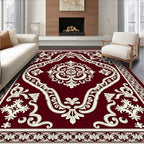 Deep Red Ivory Medallion Scrollwork Rug