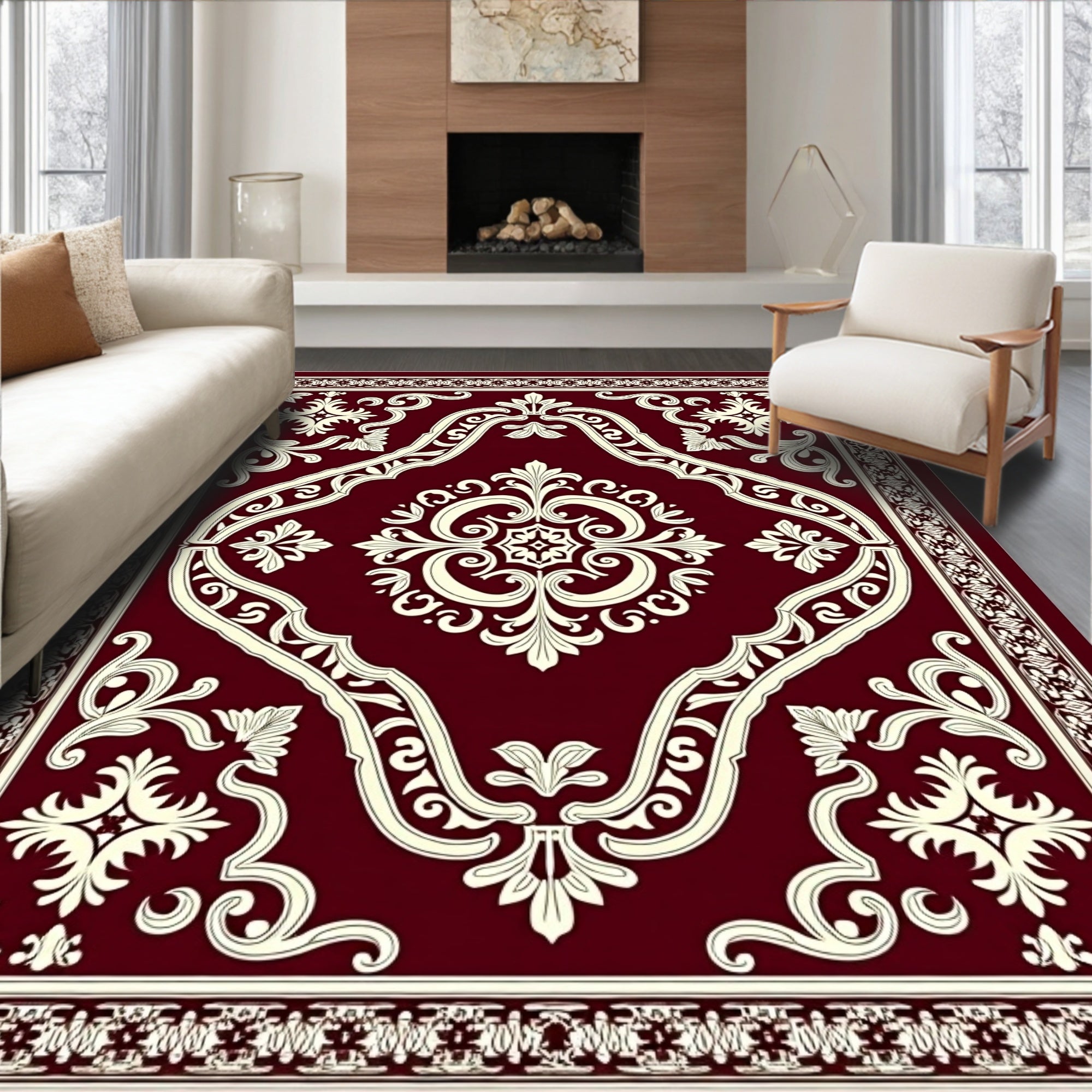 Deep Red Ivory Medallion Scrollwork Rug