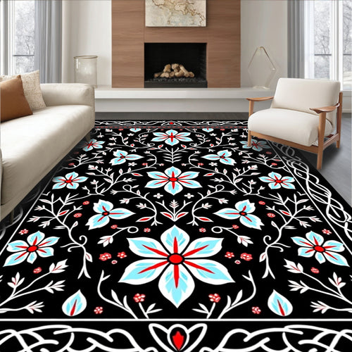 Black Celestial Floral Vine Rug