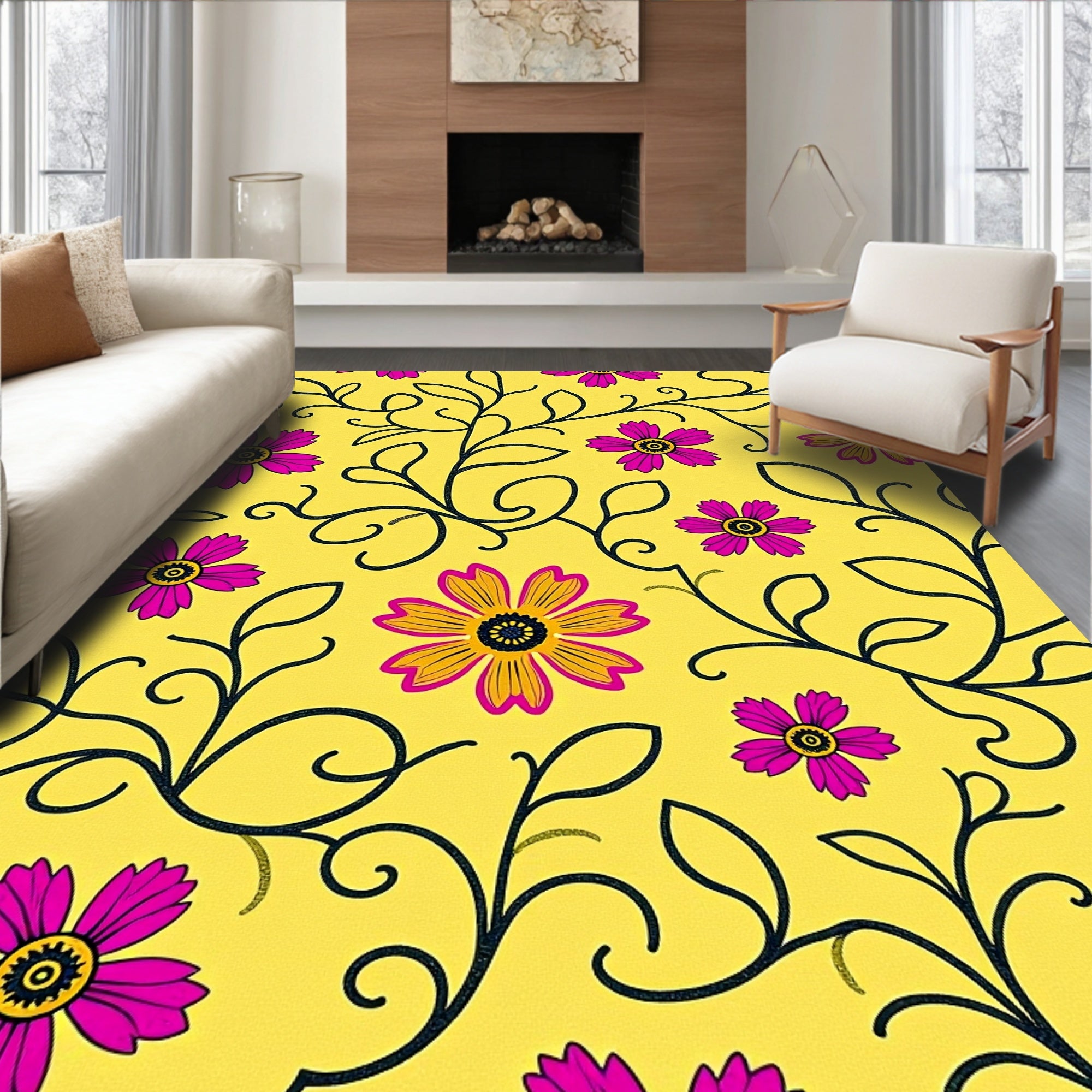 Vibrant Yellow Fuchsia Floral Vine Rug