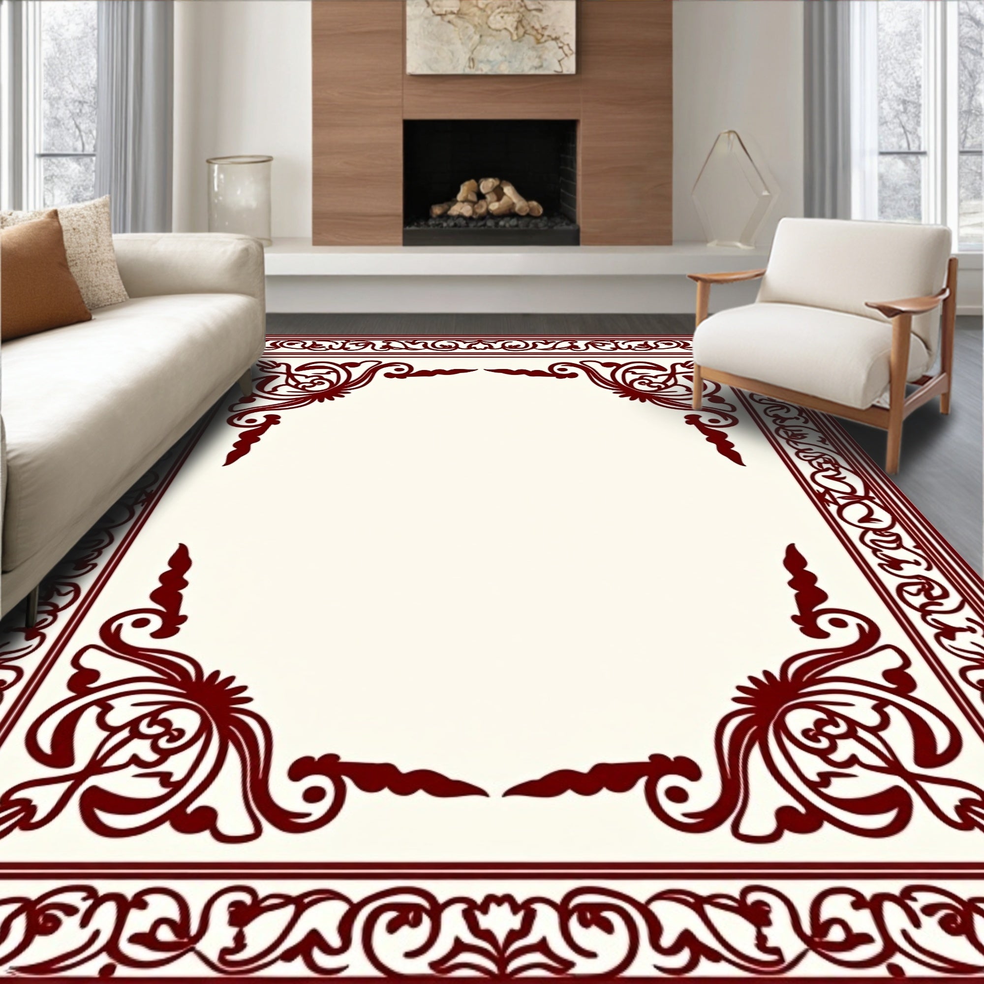 Deep Crimson Ornamental Floral Border Rug