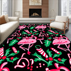 Pink Flamingo Christmas Holly Candy Cane Rug