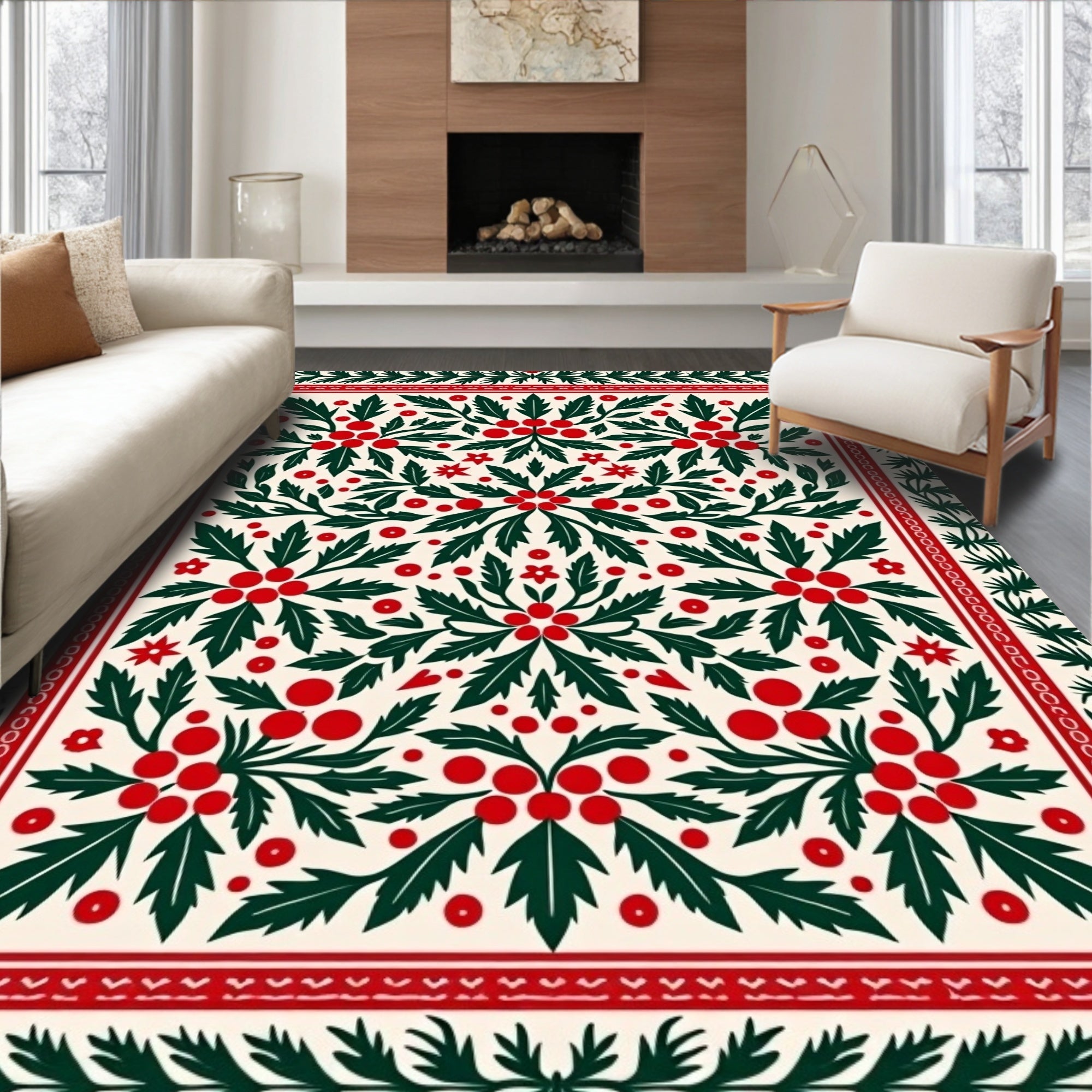 Green Holly Berry Floral Symmetry Rug
