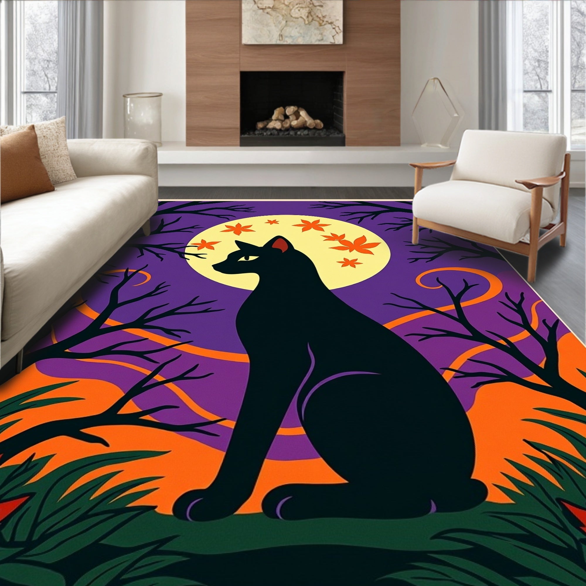 Black Cat Moon Orange Leaf Night Rug