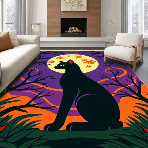 Black Cat Moon Orange Leaf Night Rug