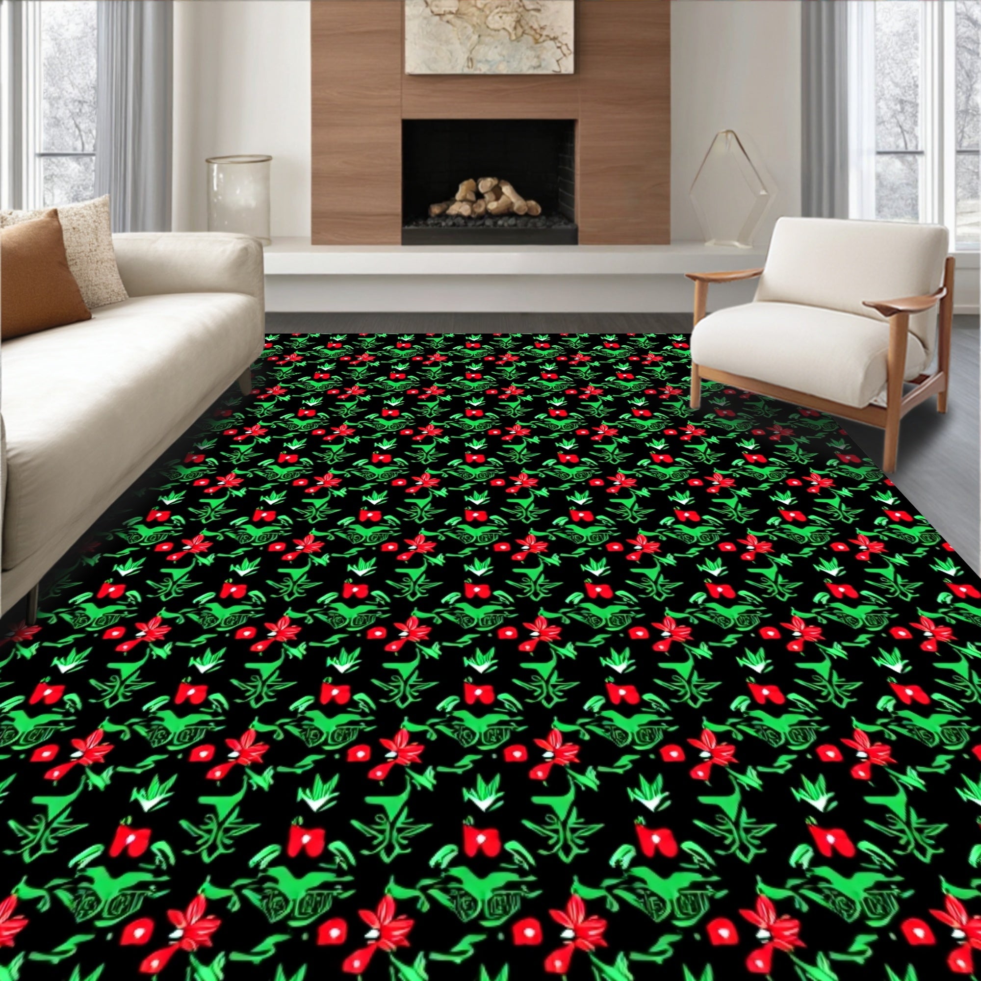 Bold Black Red Green Floral Arrangement Rug
