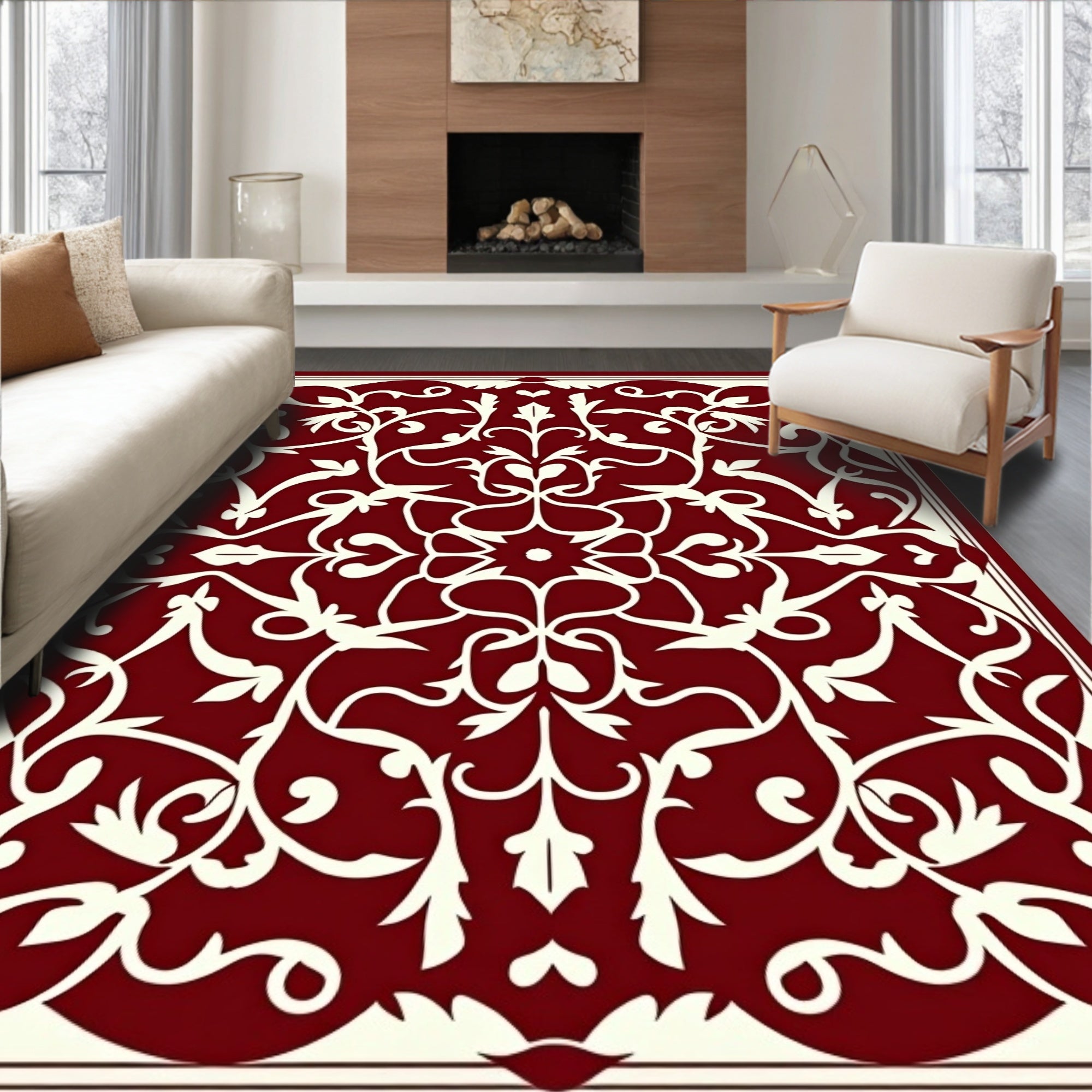 Crimson Ivory Floral Scrollwork Rug