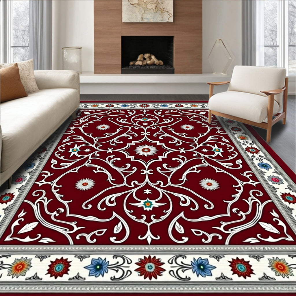 Ornate Crimson Vine Medallion Art Rug