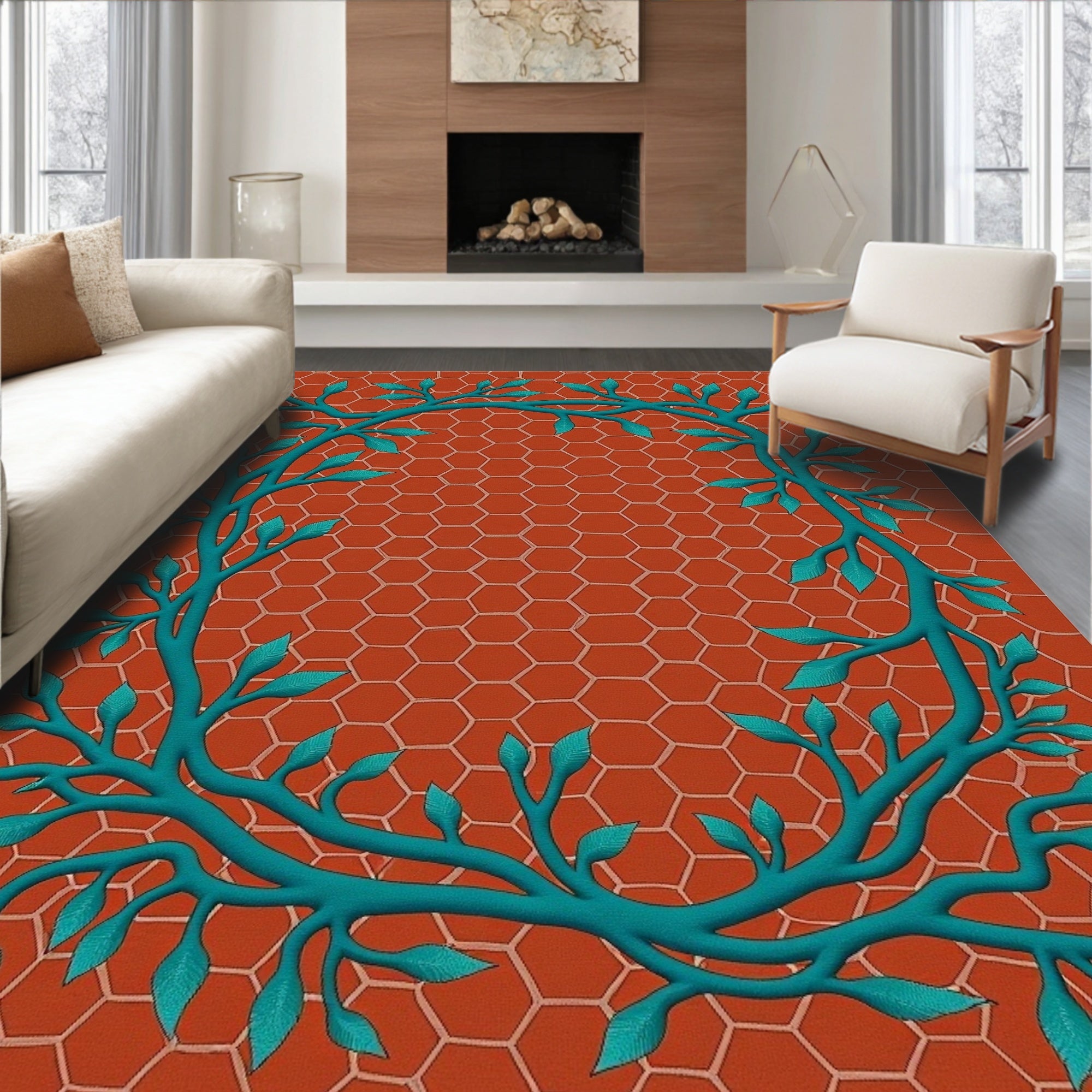 Orange Hexagon Teal Vine Rug