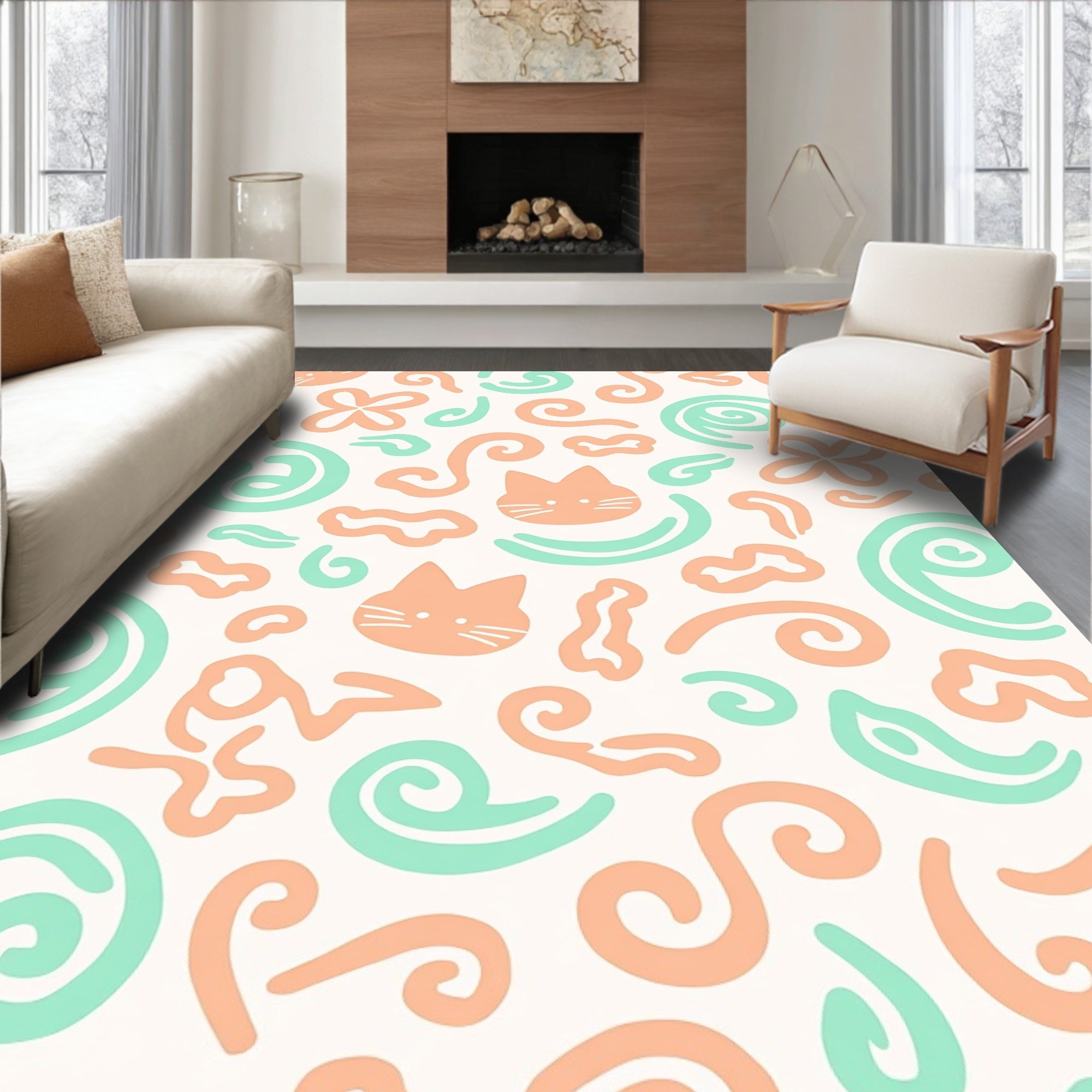 Playful Peach Cat Swirls Green Abstract Rug