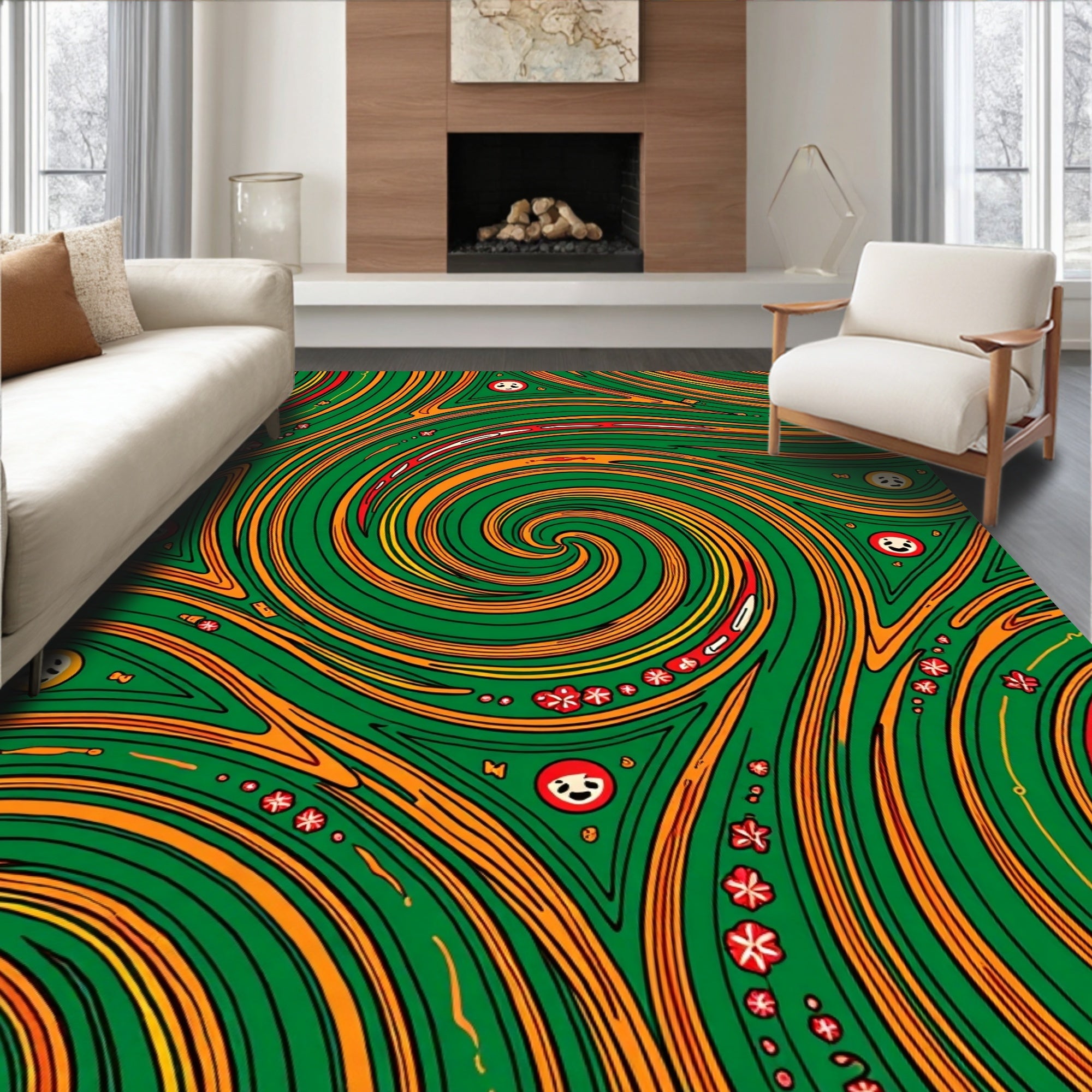 Groovy Green Swirl Abstract Faces Rug