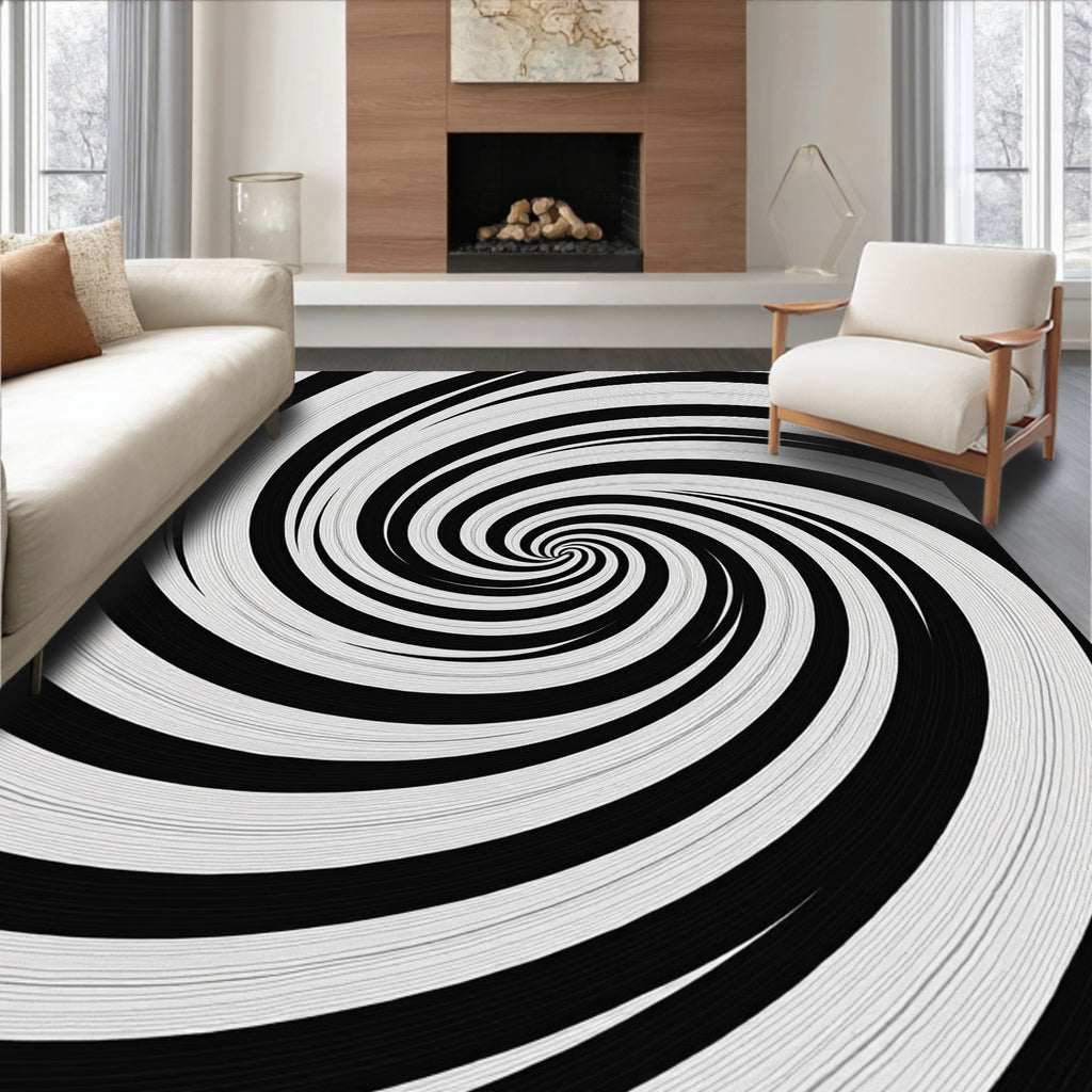 Black White Swirling Spiral Optical Illusion Rug